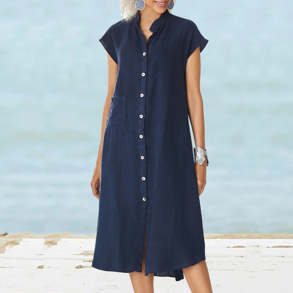 Casual Loose Linen Shirt Dress - Женское повседневное черное платье-рубашка 2026 года