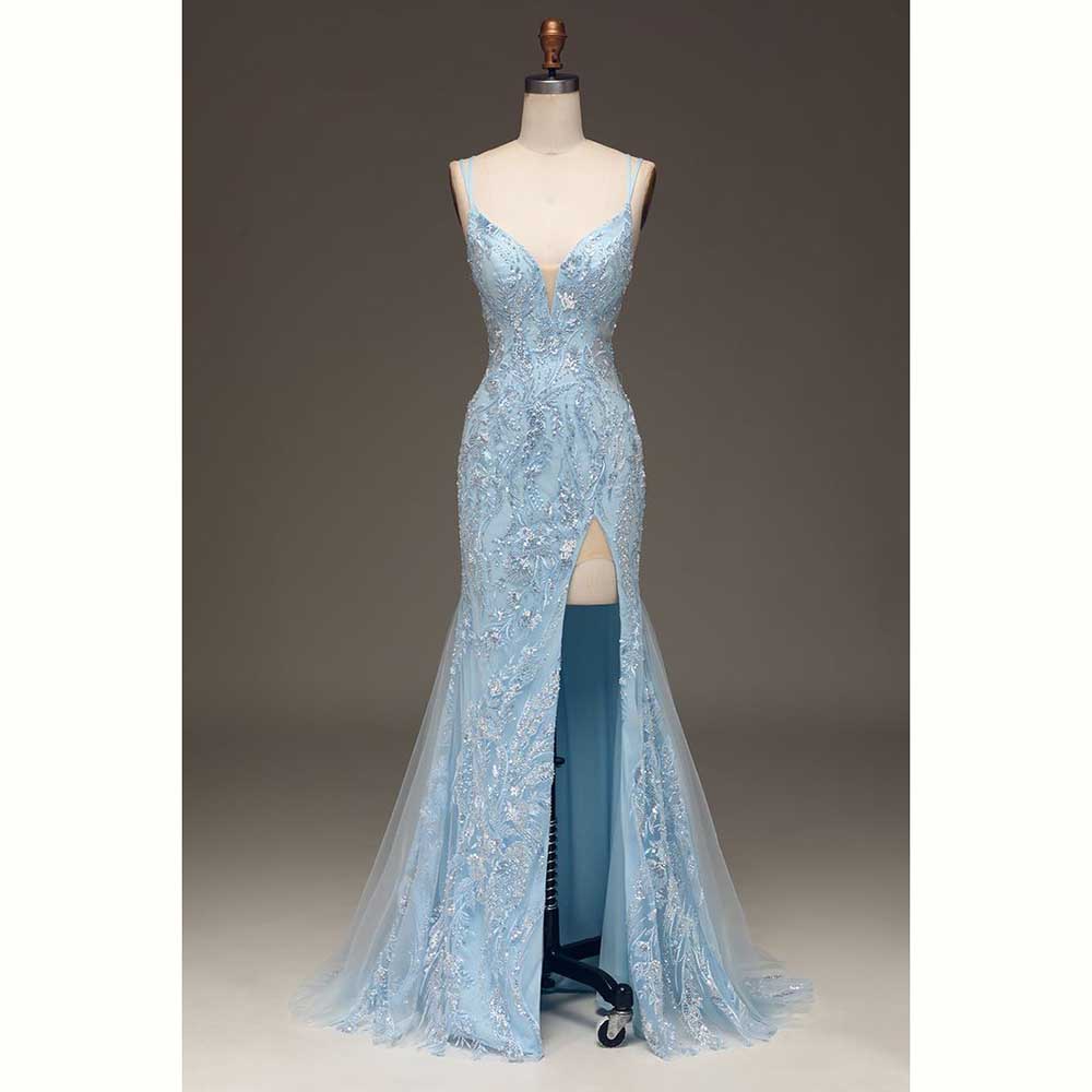 Elegant Satin Evening Gown Split - Элегантные светло-голубые атласные женские вечерние платья,