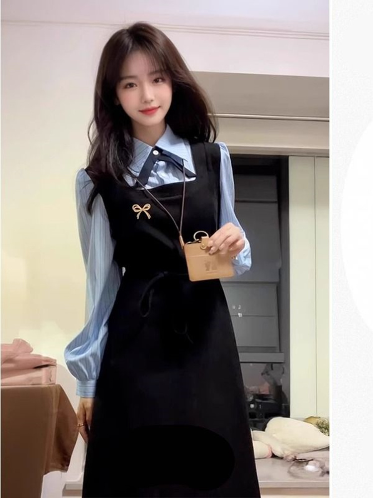Korean Style A Line Shirt Dress - Элегантное черное платье-рубашка в студенческом стиле