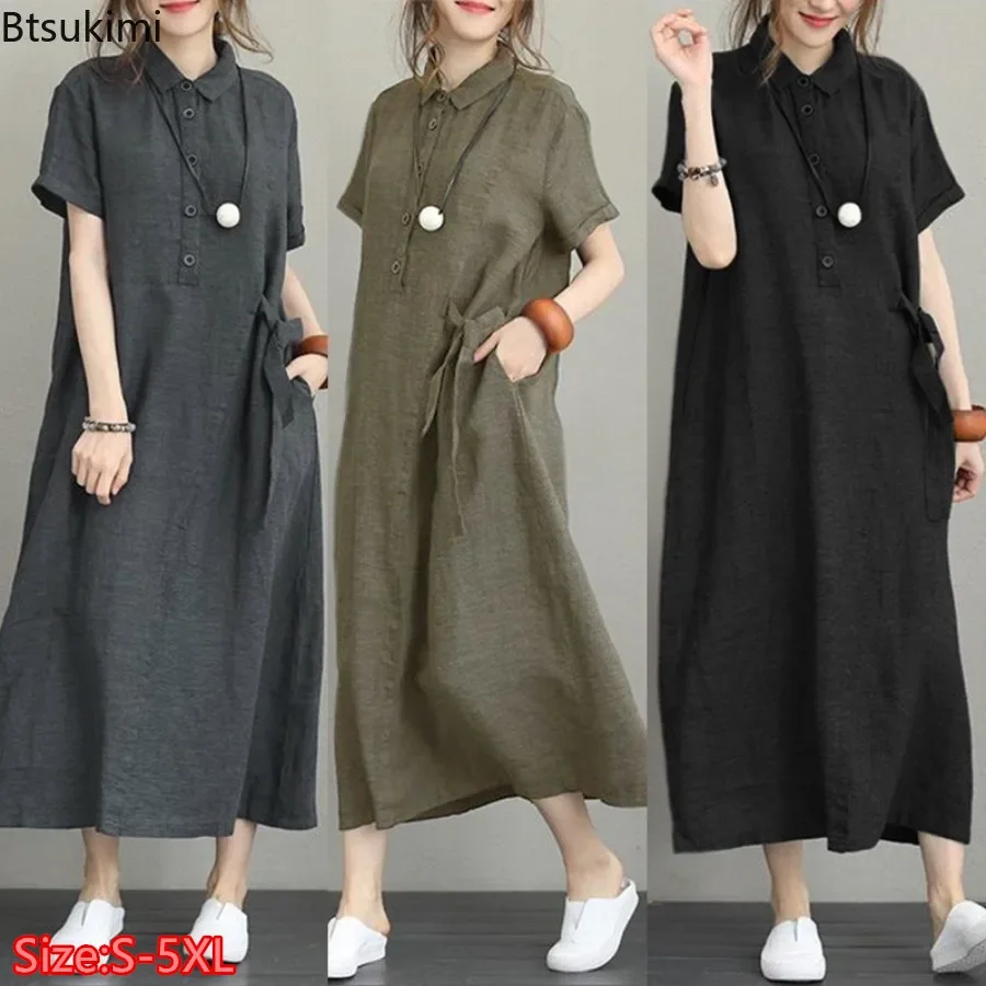 Casual Loose Linen Shirt Dress - Летнее платье 2026: Простое винтажное хлопково-льняное