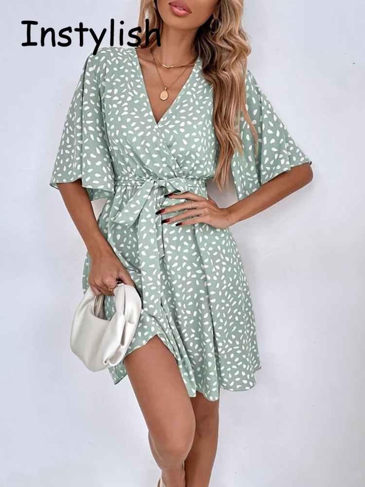 French Vintage Floral Midi Dress - Повседневное мини-платье в горошек с поясом,