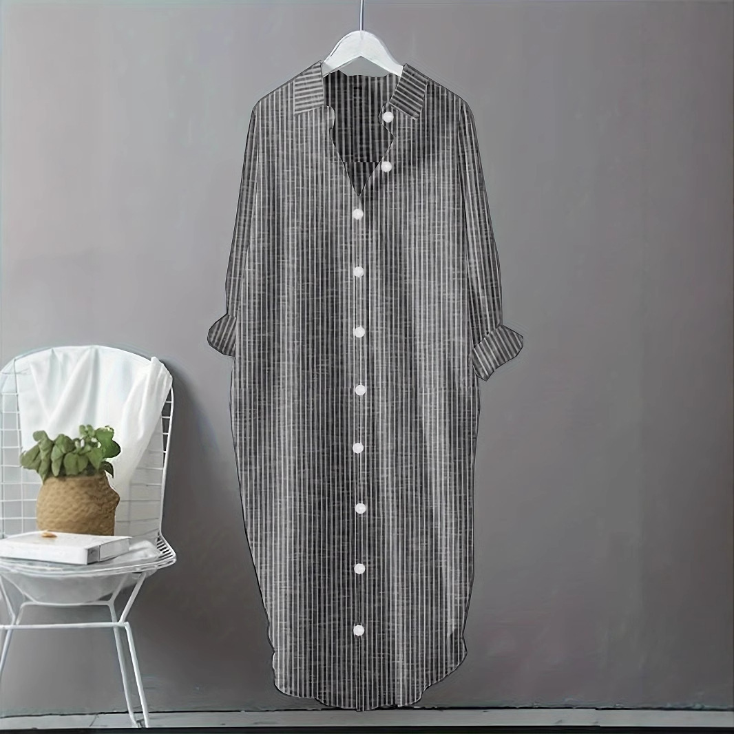 Casual Loose Linen Shirt Dress - Винтажное хлопково-льняное платье-рубашка в полоску, женская