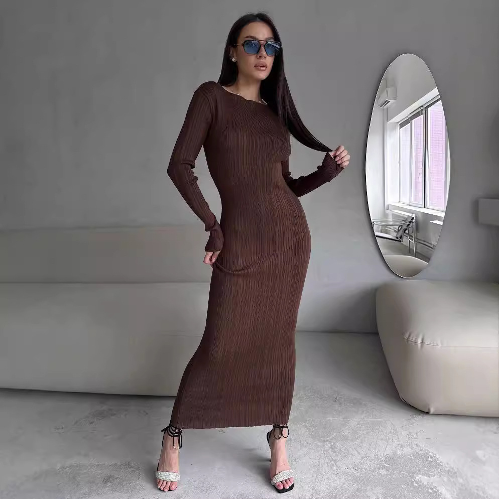 Bodycon Long Sleeve Ribbed Dress - Женское элегантное платье макси с круглым