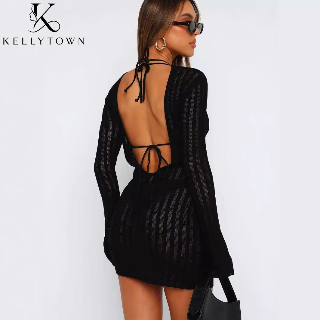 Bodycon Long Sleeve Ribbed Dress - Сексуальное облегающее мини-платье без спинки из