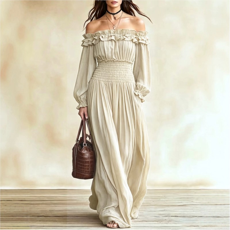 Off Shoulder Puff Sleeve Sundress - Женское платье-макси с открытыми плечами и
