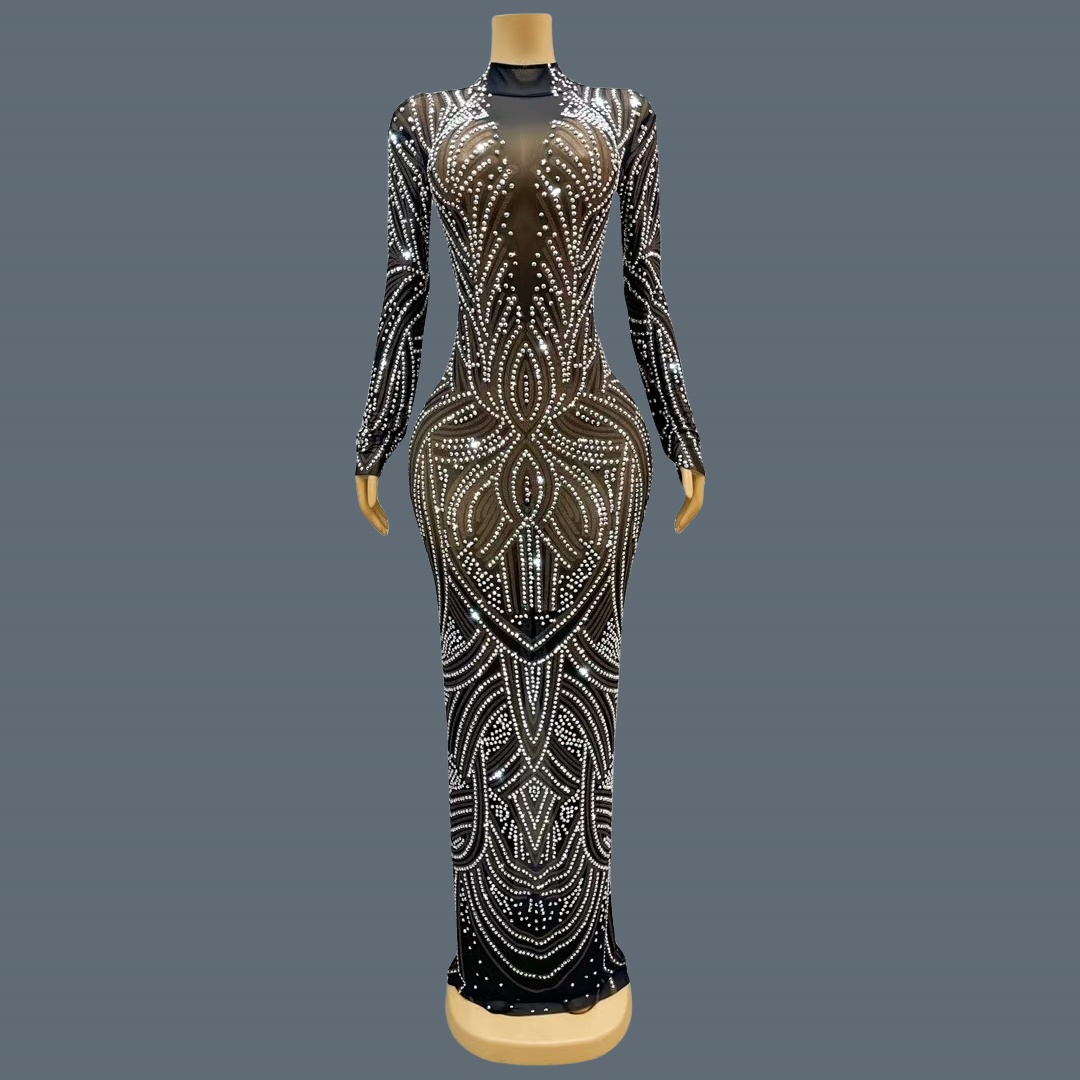 Sparkly Rhinestone Club Party Dress - Черное вечернее платье нового стиля с
