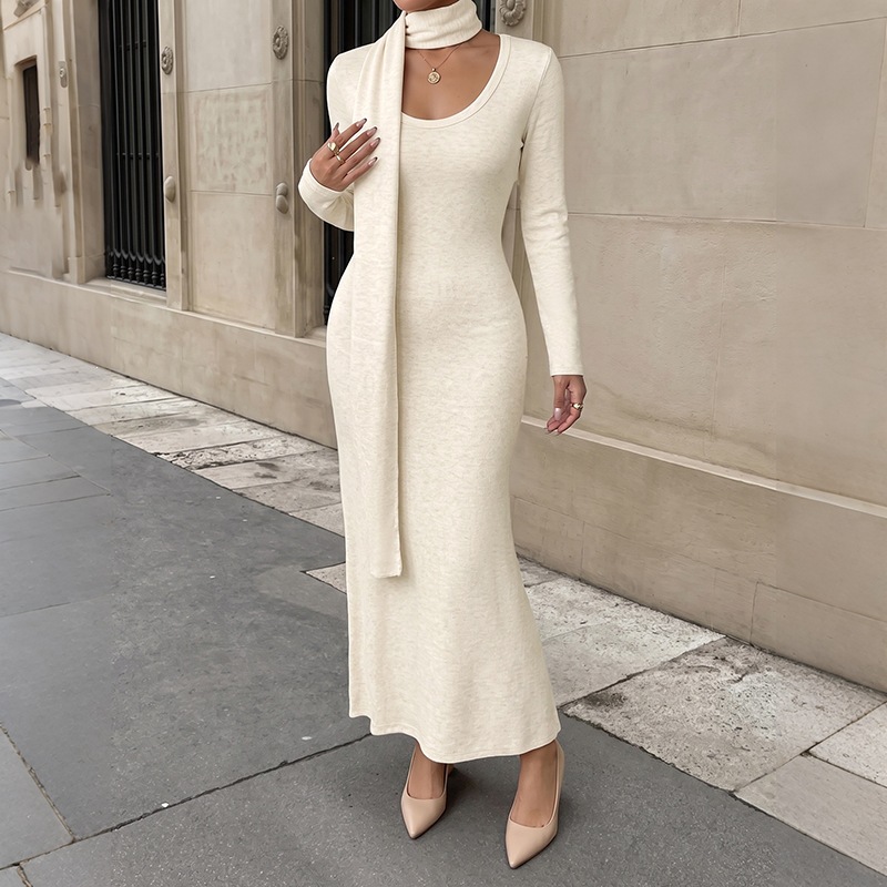 Bodycon Long Sleeve Ribbed Dress - Женское элегантное платье макси из ребристой