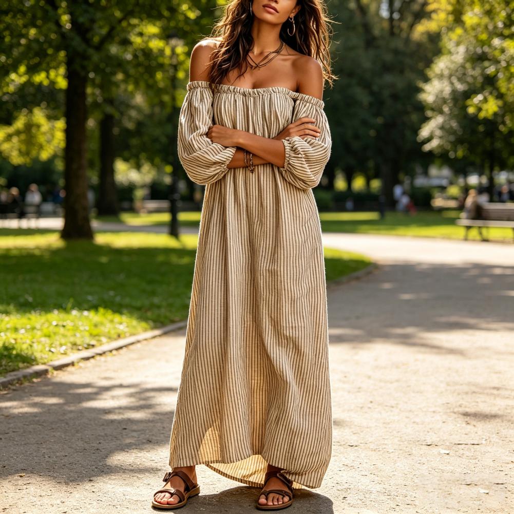 Весенне-летнее женское макси-п – обзор и цена Off Shoulder Puff Sleeve Sundress